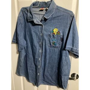 Vtg Looney Tunes Tweety Bird Blue Denim Shirt Embroidered Fall Leaves Sz 18W/20W